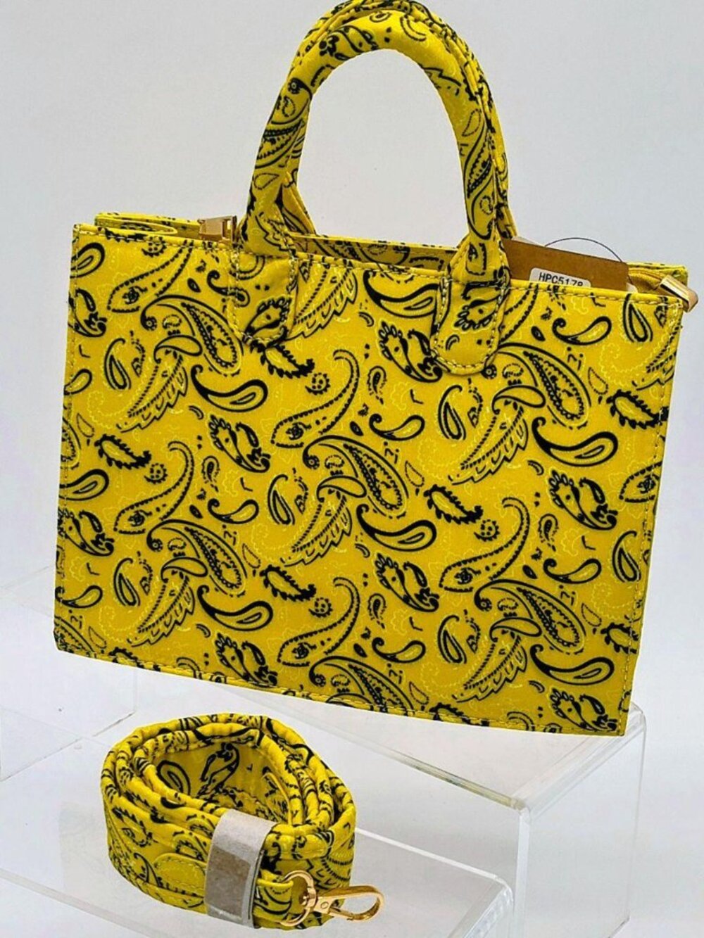 Bandana Print Canvas Medium Tote Bag w/ Wide Crossbody Strap - Yellow Paisley